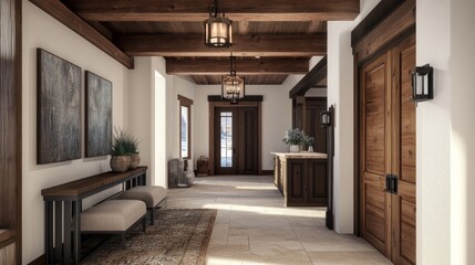 Elegant entry hall with timber beams, contemporary furnishings, and a grand wooden door, reflecting rustic charm and modern luxury.
