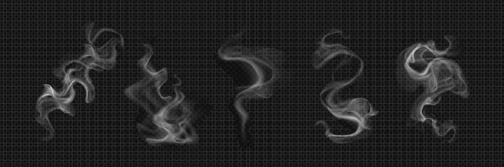 White realistic smoke elements flowing on dark background. Translucent curving steam shapes with mystical effect. cigarette or hot food and drink vapor, hookah cloud overlays design elements. © klyaksun