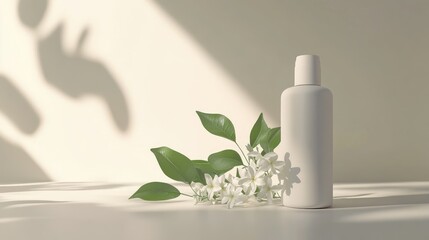Minimalistic Cosmetic Bottle with Leaves and White Flowers on Soft Background Illustrating Natural Beauty and Skincare Concept