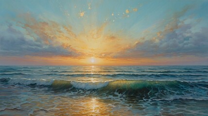 Fototapeta premium watercolor art, A Painting of the Sunrise over an Ocean in the style of Light turquoise and light silver V4