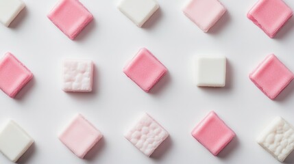 A Colorful Arrangement of Soft Pink and White Square Marshmallows on a Bright Background Creating a Whimsical and Playful Candy Display for Fun Treats