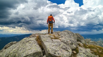 A hiker stands on a rocky peak, overlooking a dramatic sky and distant mountains.