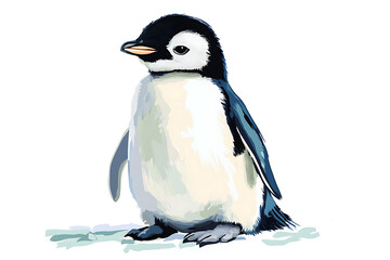 Fototapeta premium A cute, cartoon-style illustration of a young penguin standing on a snowy surface.