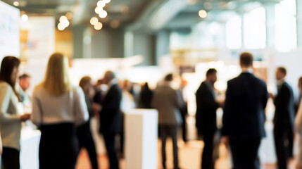 Trade Expo Booth Blur: Soft-focus background of professionals visiting a corporate trade expo booth. 