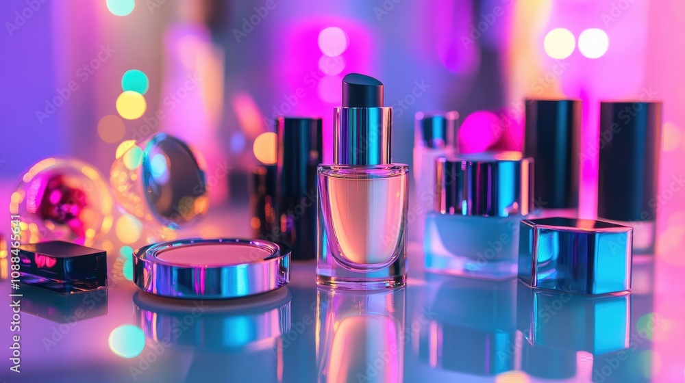 Poster brightly lit cosmetic display featuring skincare and makeup products against a colorful bokeh backgr