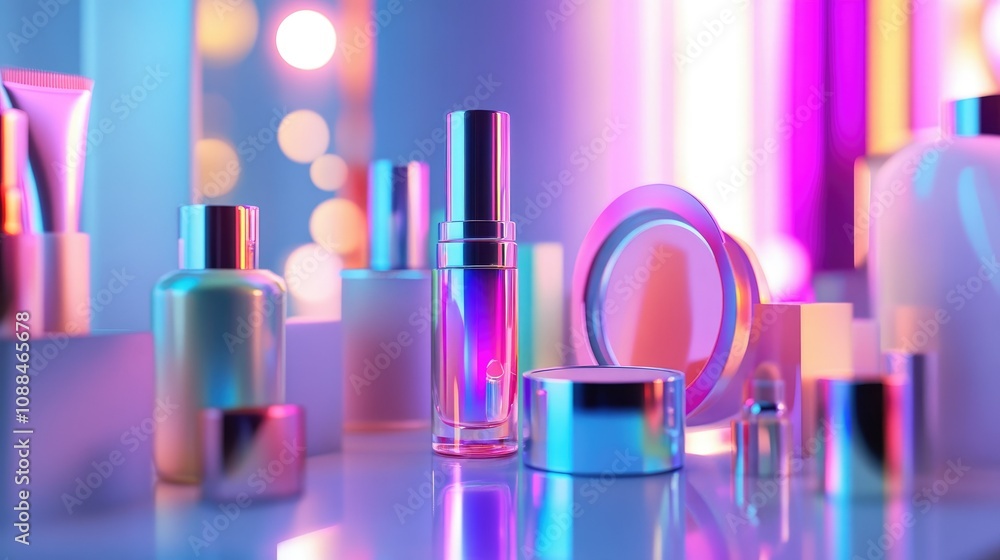 Poster aesthetic display of colorful cosmetic bottles and containers in soft focus, featuring a vibrant and
