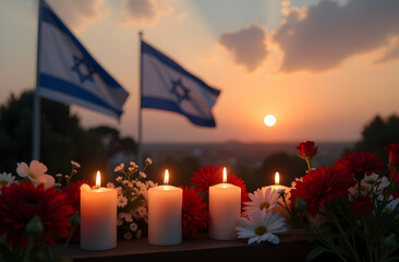 Memorial candles and Israeli flags at sunset with flowers in the foreground.Israel's Independence Day. A patriotic holiday. Memorial Day - Yom Hazikaron. Copy space