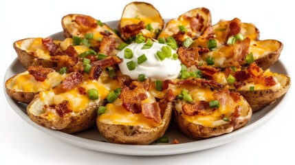 A plate of crispy potato skins loaded with melted cheese, crispy bacon bits, green onions