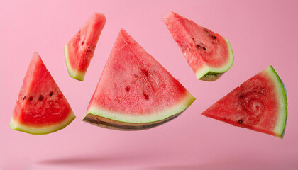 Slices of fresh juicy watermelon falling on pink background. ai generated