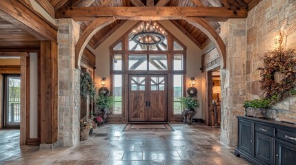 Luxurious entrance blending rustic farmhouse elements like timber beams with sleek modern decor and a grand wooden door.