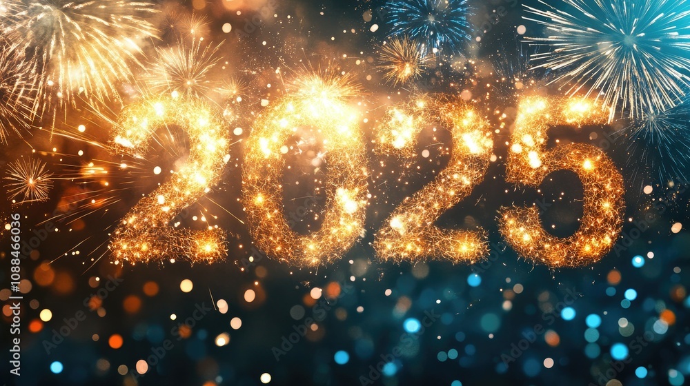 Aufkleber sparkling and glowing 2025 numbers decorated with colorful fireworks and bokeh lights for new year c