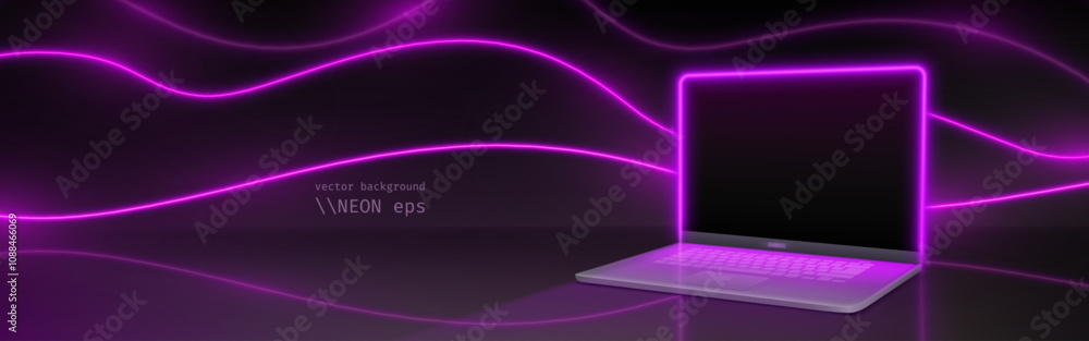 Poster modern laptop mockup illuminated by purple neon lights on dark backdrop. wavy glowing lines pattern 