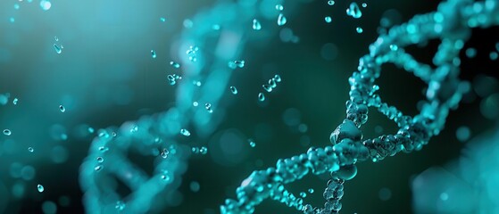 Close-up view of DNA strands with water droplets in a scientific setting.