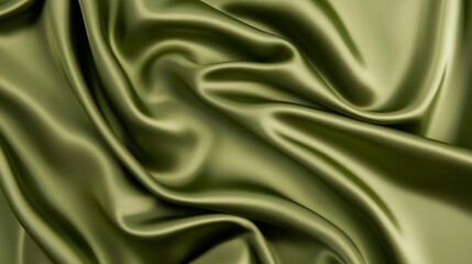 A close-up view of luxurious olive green satin fabric, showcasing smooth, flowing textures and elegant drapes, ideal for backgrounds and fashion projects.