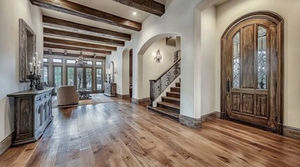 Fototapeta premium Luxurious entryway with exposed beams, polished wooden flooring, and a rustic door enhanced with chic decor for a modern touch
