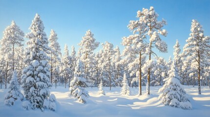 Obraz premium Snow-Covered Forest Landscape Beneath Clear Blue Sky, Featuring Tall Evergreen Trees and Gentle Snowy Ground, Perfect for Winter Nature Scenes and Holiday Themes