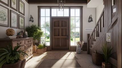 Luxurious farmhouse-style entryway with a grand wooden door, exposed beams, and chic decor, combining timeless charm and modern flair