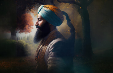 Guru Gobind Singh Ji in a Serene Forest - Portrait of Spiritual Wisdom | A captivating portrait of Guru Gobind Singh Ji amidst a mystical forest