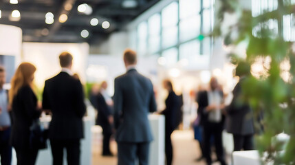 Trade Expo Booth Blur: Soft-focus background of professionals visiting a corporate trade expo booth. 