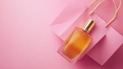 Makeup cosmetic perfume women products accessories pouring from shopping bag on pink flat lay background, beauty products cheap discount retail offer online purchase, top view above copy space