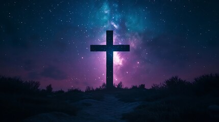 Dual exposure of a Christian cross combined with a starry sky, the stars forming a delicate pattern within the silhouette, soft blue and purple tones, peaceful and celestial vibe,