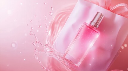 Makeup cosmetic perfume women products accessories pouring from shopping bag on pink flat lay background, beauty products cheap discount retail offer online purchase, top view above copy space