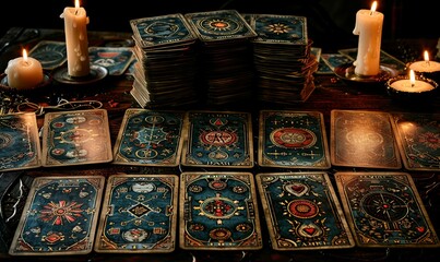 A mystical tarot reading unfolds as candlelight flickers, casting shadows over a dark wooden table filled with beautifully designed tarot cards. The atmosphere is enchanting, inviting deep reflection