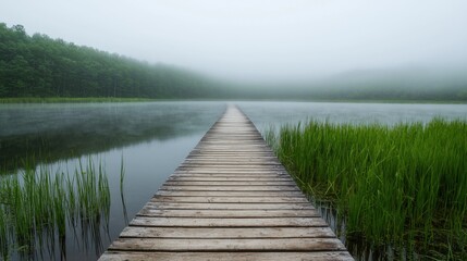 Fototapeta premium Foggy pathway leading to tranquil lake nature photography serene environment perspective