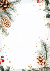 Watercolor Christmas blank card, white background with gold accents, pine cones and holly leaves.
