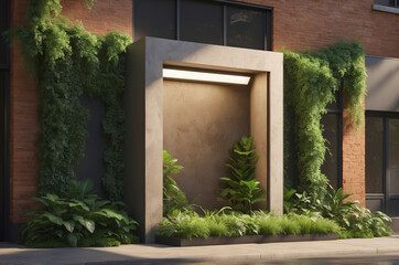 Illuminated niche with greenery on brick building facade.