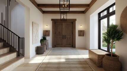 Fototapeta premium Spacious and elegant entry hall with timber beams, a large wooden door, and stylish decor for a modern farmhouse ambiance.