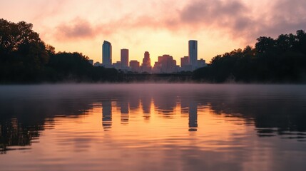 Foggy sunrise over city skyline reflected in river urban landscape tranquil environment