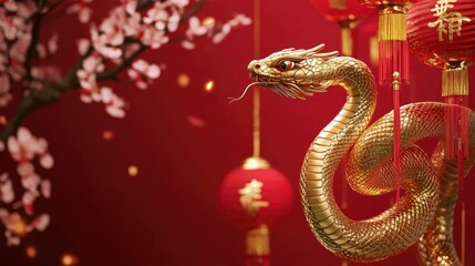 Fototapeta premium Exquisite Golden Snake Symbolizing Prosperity and Good Fortune Amidst Cherry Blossoms and Lanterns for Celebrating Lunar New Year Festivals
