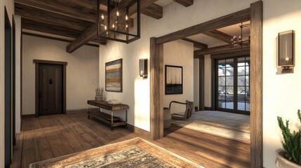 Fototapeta premium Spacious entrance with natural wood finishes, timber beams, and elegant rustic-modern accents, offering warmth and sophistication.