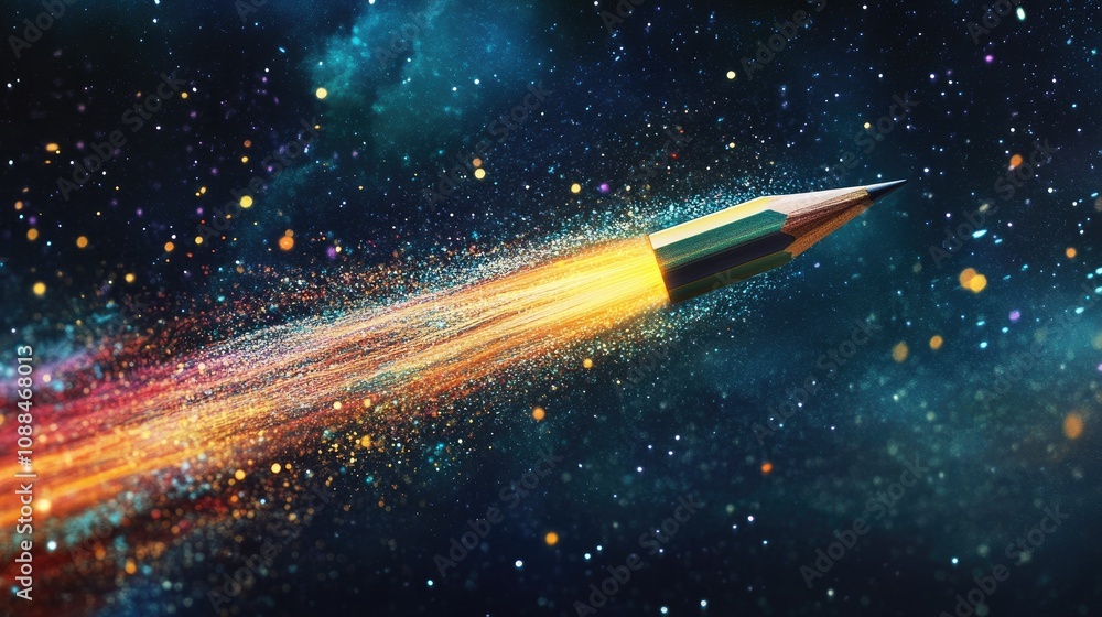 Poster dynamic pencil shooting through cosmic space with colorful particles and streaks of light, represent