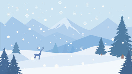 Deer Roe Animal Silhouette in Pine Trees Forest with Ice Mountain View in Snow Winter Season