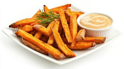 A plate of crispy sweet potato fries with a side of honey mustard dipping sauce, Each fry’s golden-brown exterior and fluffy interior captured with precision