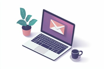 Laptop with email notification, plant, coffee cup.