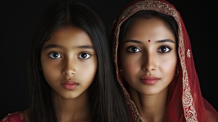 Portrait of a young Indian girl and Asian woman in a studio setting, capturing the essence of beauty and strength, perfect for various creative projects with ample copy space.