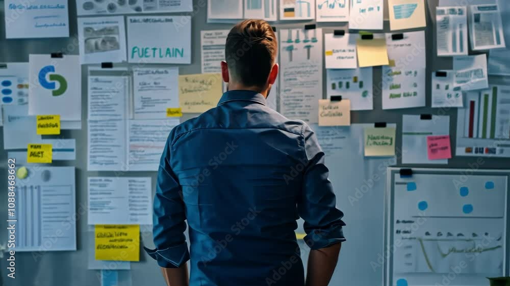 Poster in a contemporary office environment, a man reflects on innovative strategies while examining a wall