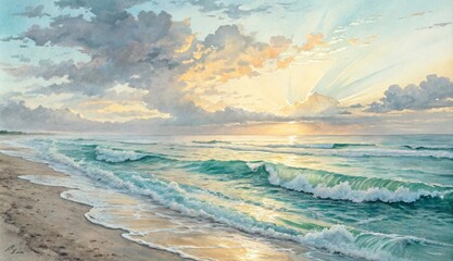 Obraz premium watercolor art, A Painting of the Sunrise over an Ocean in the style of Light turquoise and light silver V12