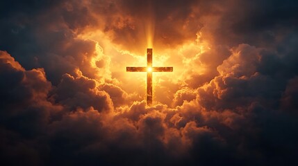 Fototapeta premium Dual exposure of a Christian cross intertwined with radiant sun rays piercing through dramatic storm clouds, the golden beams creating a halo effect around the cross, peaceful and heavenly atmosphere,