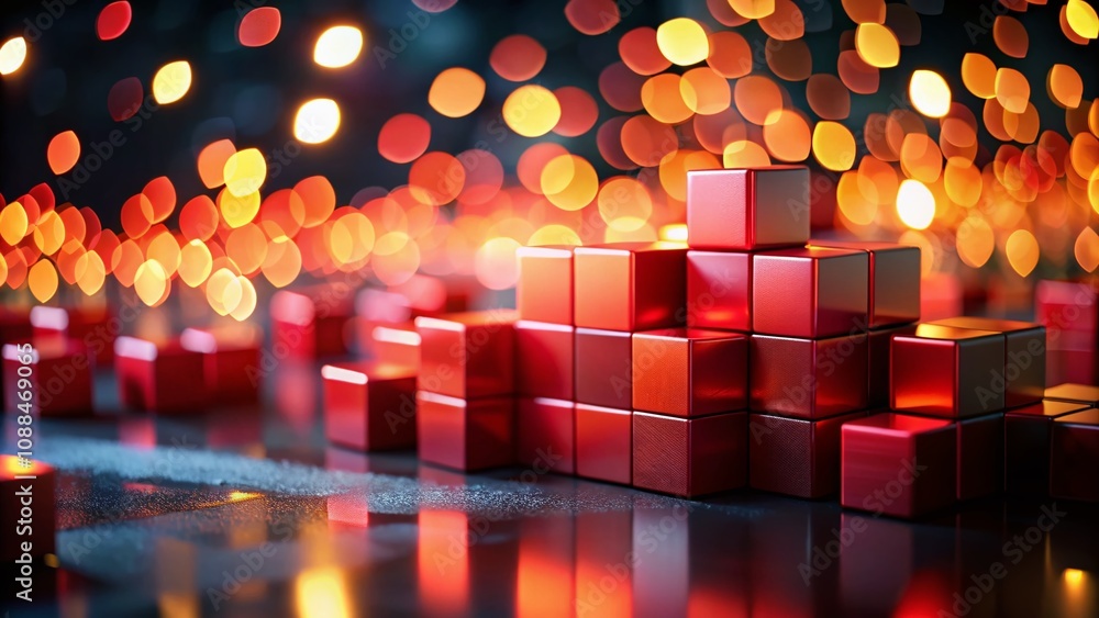 Poster abstract composition of red blocks in linear arrangement on dark background with bokeh effect for mo