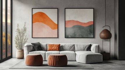 Living Room Design with a Poster Frame Mockup on the Wall