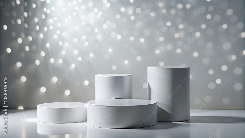 Poster abstract minimalistic 3d room with gray and white cylindrical podiums for product mockup display in 