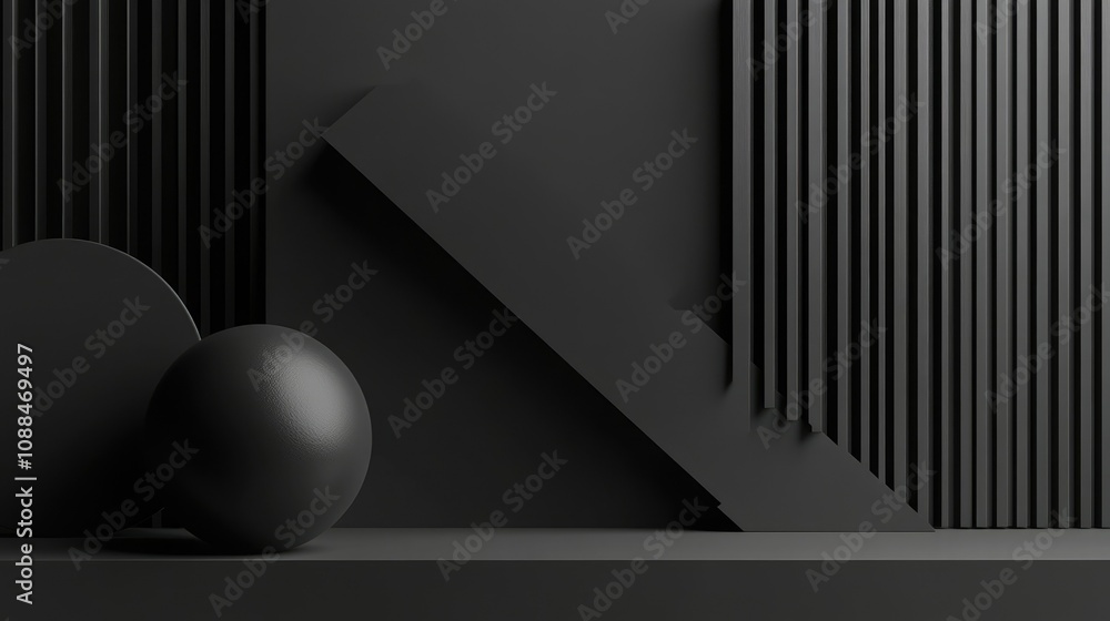 Poster abstract composition featuring geometric shapes and textured surfaces in a monochromatic black palet