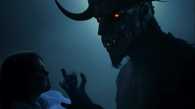 The menacing gaze of a demonic entity with glowing red eyes, sharp horns, and a terrifying visage.