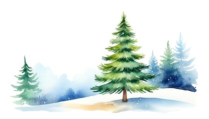 Obraz premium Serene winter landscape with watercolor evergreen trees and snowfall
