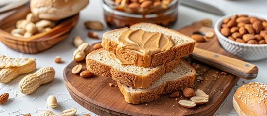 Peanut Butter Toast with Nuts on Wooden Board