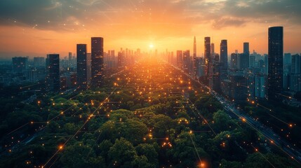 Urban sustainability initiatives transforming city landscapes at sunset aerial view of nature and technology integration